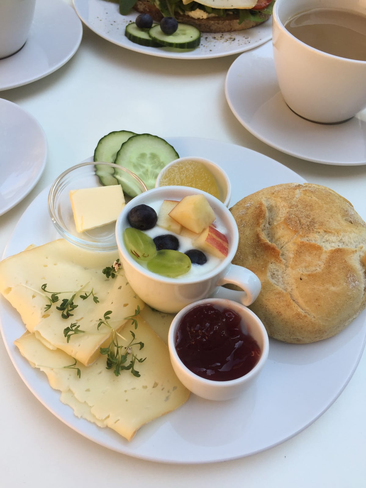 bread, cheese, yogurt, fruit, jam