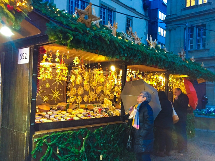 decorations at brightly lit stall