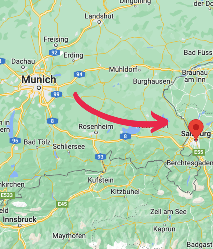 map with Munich and Salzburg